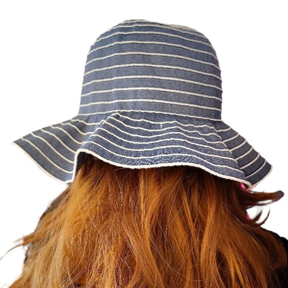 Straw Studios Dark Blue Denim and White Striped Floppy Straw Sun Hat - Picture 4 of 7